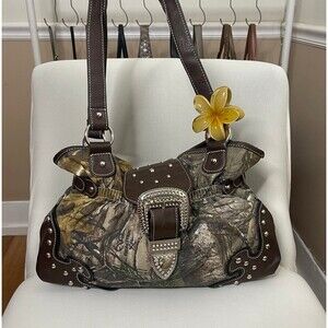 RealTree Y2K Vintage Camo Canvas & Studded Leather Double Strap Shoulder Bag
